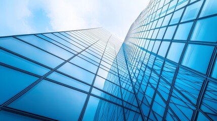 Obraz premium Fragment of a modern office building. Abstract geometric background. Part of the facade of a skyscraper with glass windows.