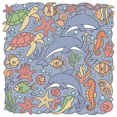 Obraz premium Cartoon Sea Animals with Fish Dolphin Turtle and Octopus