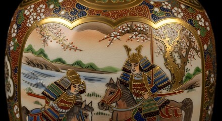 Obraz premium Action-Packed Samurai Battle, Historical Scene, Japan, Illustration, Vibrant Environment, Close-Up View, Cultural Heritage