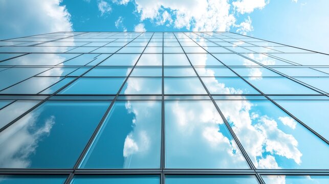 Glass wall facade with cloud sky reflection. Modern urban architecture background