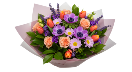 Bright multicolor bouquet with purple anemones, orange roses, tulips and daisies wrapped in pink paper, perfect for gifting and special occasions