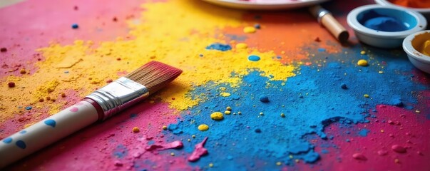 Obraz premium A paintbrush rests on a vibrant canvas, surrounded by scattered art supplies, symbolizing the creative process and artistic expression , acrylic paint, oil paint, fine art