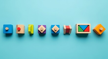 Bright wooden blocks and shape sorting toys in a neat row on a light blue surface, ideal for illustrating childhood education, play, and learning concepts.