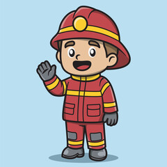 Cartoon Illustration of Firefighter Waving