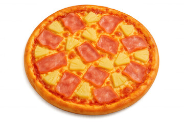 Round hawaiian pizza with ham and pineapple pieces on transparent background, creating a tempting image for food lovers