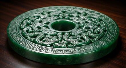 Intricately Carved Jade Disk Display, Ancient Artifact, Museum Exhibit, High Detail, Indoor, Top-Down View, Cultural Heritage