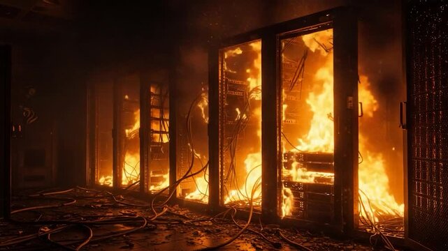 Fiery devastation engulfs server racks in a dark, intense blaze.