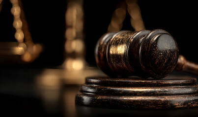 This image captures a close-up view of a gavel and agolden scale of justice, smbolizing law and order inthe legal system. Ideal fo legal studies and justicethemes.