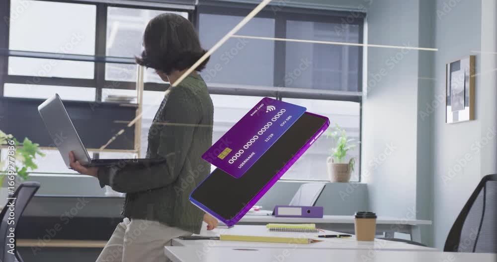Poster office worker entering, showing smartphone and card overlays, flipping documents and syncing data