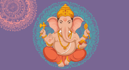 Lord Ganesha Illustration Sitting with Four Hands and Sacred Symbols