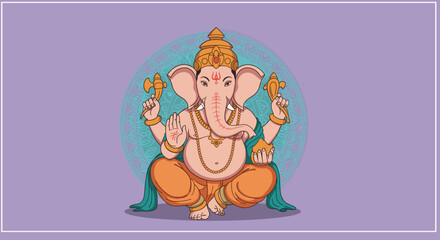 Lord Ganesha Illustration Sitting with Four Hands and Sacred Symbols
