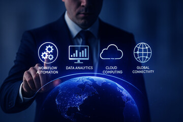 Businessman touching digital globe with technology icons image