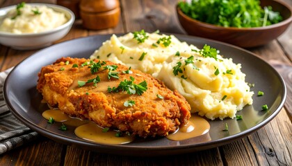 Crispy Chicken with Mashed Potatoes, and Gravy.