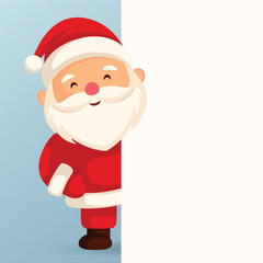 Christmas greeting card Santa Claus behind white panel on blue background, vertical layout