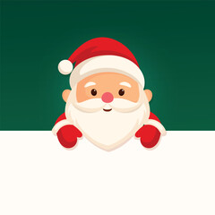 Christmas greeting card Santa Claus above white banner on dark green background, space for text