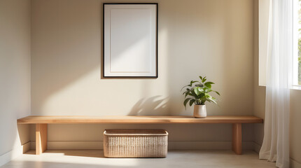 Fototapeta premium Living room interior with cozy armchair, panoramic window and sideboard