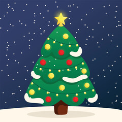 Christmas tree with lights, baubles and snow, star on top, winter vector illustration