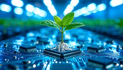 A seedling sprouts from a circuit board, symbolizing technological advancements in agriculture