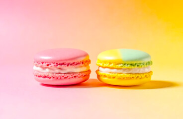 Two brightly colored macarons, one pink and one yellow, are placed on a gradient background of pink to pale yellow, revealing their glossy texture and delicate charm.