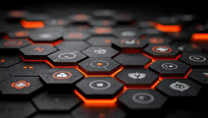 Close-up of a honeycomb grid of glowing black hexagonal buttons.  Orange-red light highlights the buttons, which have various small icons.  Abstract, futuristic, technological