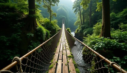 Path of Adventure A Traditional Rope and Wood Bridge Leads Through a Sun-Dappled Woodland over a Deep Gorge