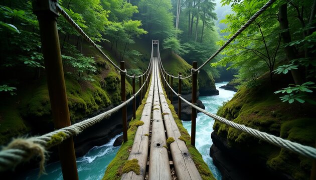 Path of Adventure A Traditional Rope and Wood Bridge Leads Through a Sun-Dappled Woodland over a Deep Gorge