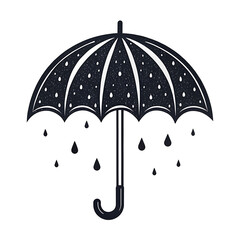 Hand drawn black umbrella with falling raindrops in a simple graphic style