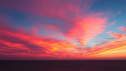 Vibrant sunset sky with fiery orange and pink clouds over a dark horizon