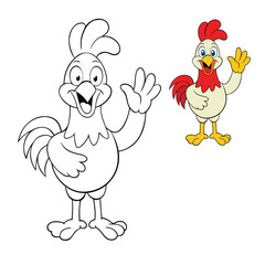 A cheerful rooster stands tall, joyfully waving its wing with a big smile. This fun coloring page lets kids add bright colors to a happy farmyard friend full of energy.
