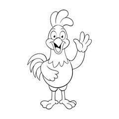 A cheerful rooster stands tall, joyfully waving its wing with a big smile. This fun coloring page lets kids add bright colors to a happy farmyard friend full of energy.
