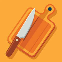 A knife and cutting board positioned on a bright yellow background, emphasizing kitchen preparation tools.