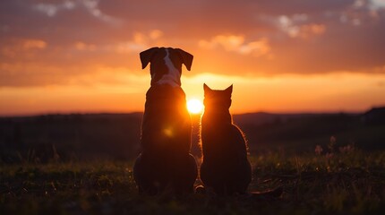 Dog and cat sitting together watching sunset in a peaceful landscape