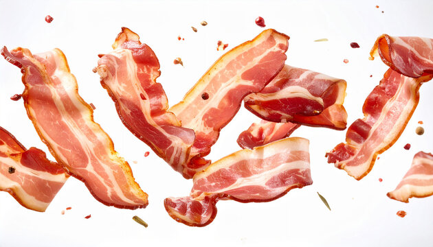 Bacon and spices floating vibrantly against a white background.