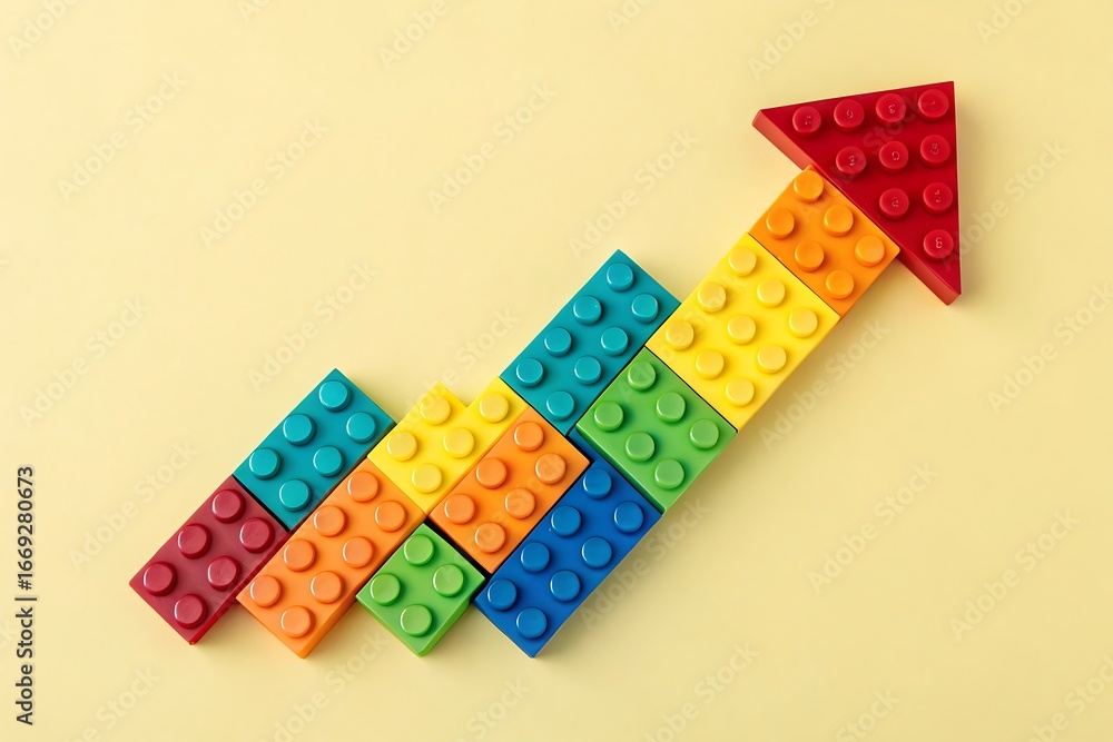 Poster colorful building blocks arranged in an upward trending arrow graph on a yellow background growth ch
