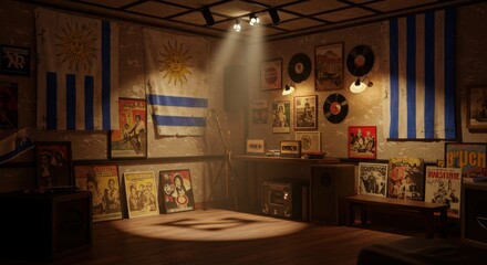 A Vintage Music Room with Uruguay Flags, Vinyl Records and Retro Posters Embracing Nostalgia and Cultural Heritage
