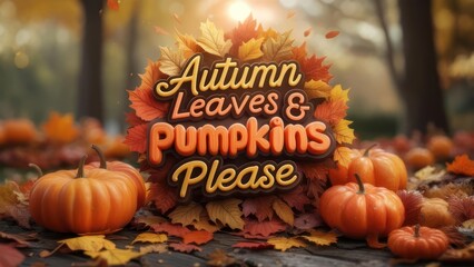 Vibrant Autumn Scene with "Autumn Leaves & Pumpkins Please" Text and Pumpkins