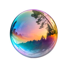 Holographic Glass Orb Reflecting Sunset Landscape with Pine Trees and Distant Tower a Vibrant Rainbow Sheen on Dark Background