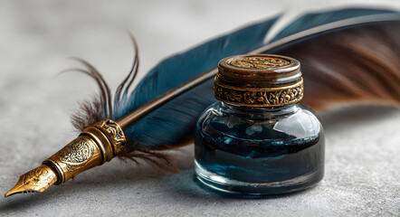 Quill pen and inkwell on white background creating aclassic writing scene for uthors and history enthusists providing a vintage aethetic