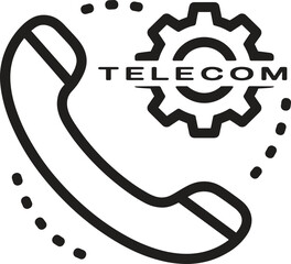Telecom icon, phone call gear, communication technology symbol, customer support service, telecommunication vector, network settings design, digital call connection