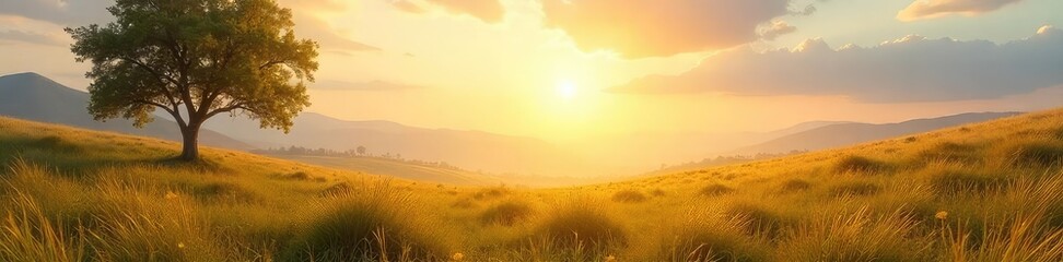 Fototapeta premium A serene, empty landscape bathed in soft sunlight; a feeling of peaceful solitude and the absence of any suffering or discomfort , emotion, open space