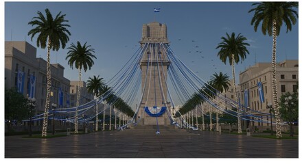 A Grand Display of National Pride at the Monument with Lush Palm Trees and Blue Decorations