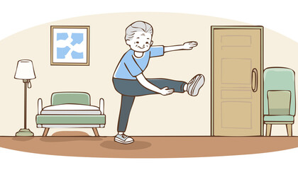 Senior elderly man balance training coordination exercise stretching leg standing on one foot workout active aging physical therapy rehabilitation senior citizen indoor exercise equipment free bodywei