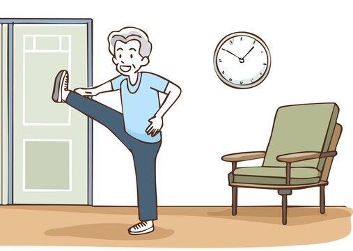 senior elderly man doing standing leg stretches exercise at home routine physical therapy rehabilitation balance training flexibility workout healthy lifestyle aging mobility improvement  - Powered by Adobe