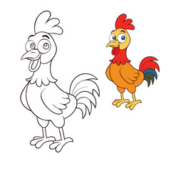 A fun cartoon rooster coloring page featuring a cheerful bird with a big comb, feathers, and tail, perfect for kids to enjoy coloring with bright, lively colors.
