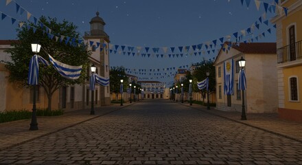 A Calm Evening at the Street with Festive Decorations Under a Starry Sky