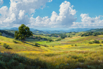 Obraz premium Gentle Zephyrs Whisper Thrugh Verdant Hills, Sculptig A Harmonious Landscapes f Serenity