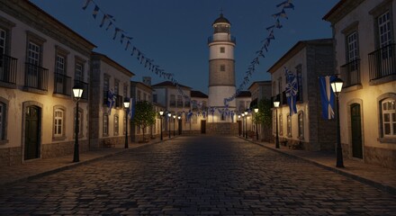 Charming Evening Streetscape with Historic Lighthouse and Festive Decorations in a Cozy Coastal Town