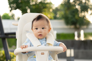 A 10-month-old baby sits in a stroller and enjoys nature at a park in the warm morning sunlight.