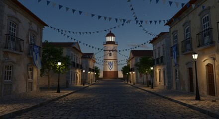 Charming Coastal Village at Night with Cozy Lanterns and Lively Bunting Decorations