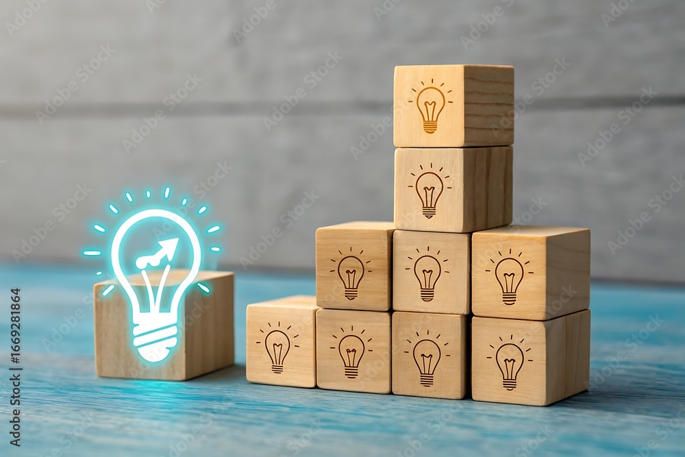 Poster stack of wooden blocks with lightbulb icons and one glowing lightbulb with upward arrow idea innovat